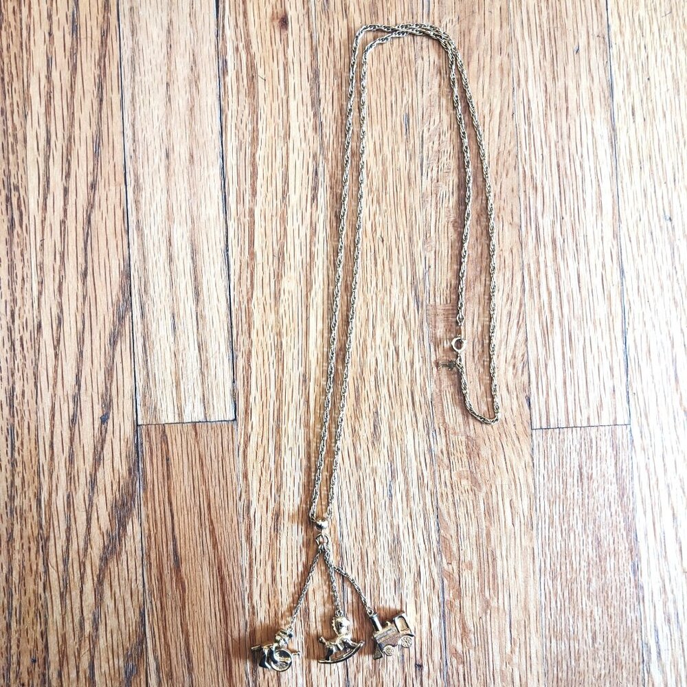 Vintage Trifari long chain necklace with 3 charms 1955-69